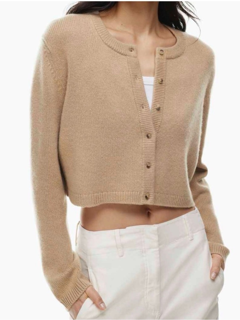 Aritzia Camel Button-Front Crewneck Cardigan
